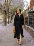 Women's Black Shirt Dress, walking a tree-lined street, side view, Molly's Atelier