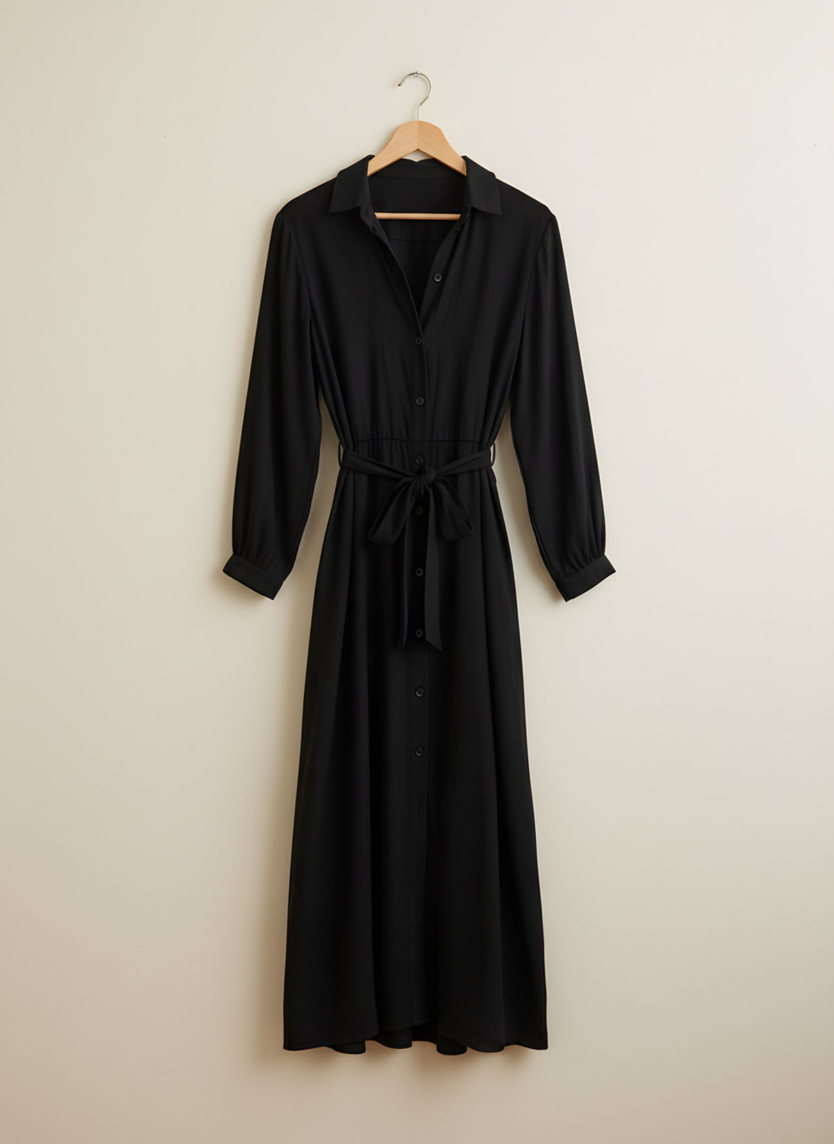 Women's Black Shirt Dress, front view on a hanger, Molly's Atelier