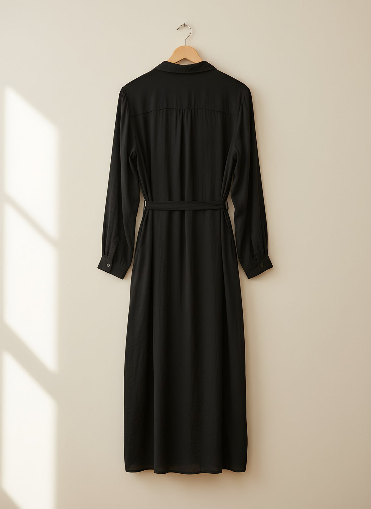 Women's Black Shirt Dress, back view on a hanger, Molly's Atelier