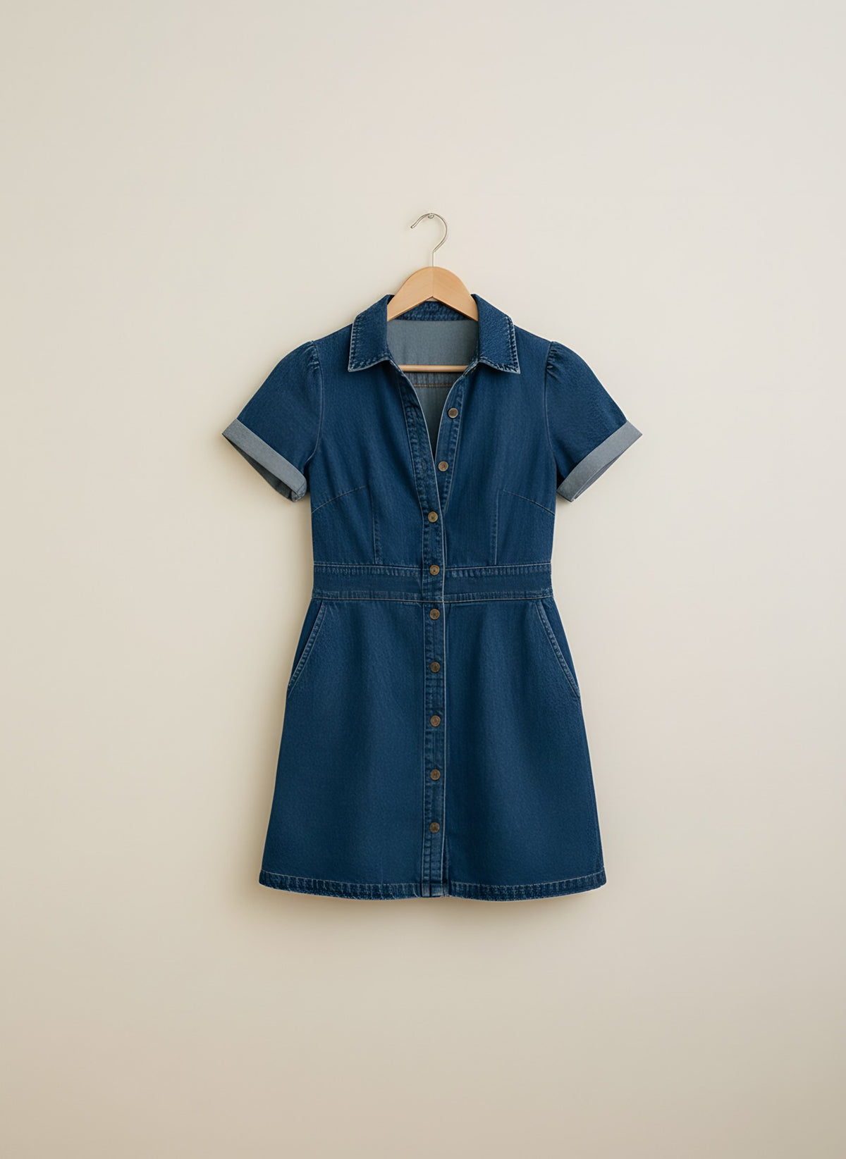 Women's Denim Mini Dress, front view on a hanger, Molly's Atelier