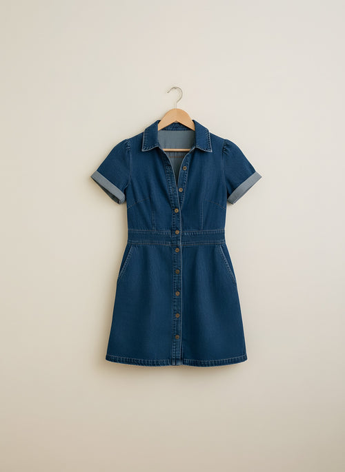 Women's Denim Mini Dress, front view on a hanger, Molly's Atelier