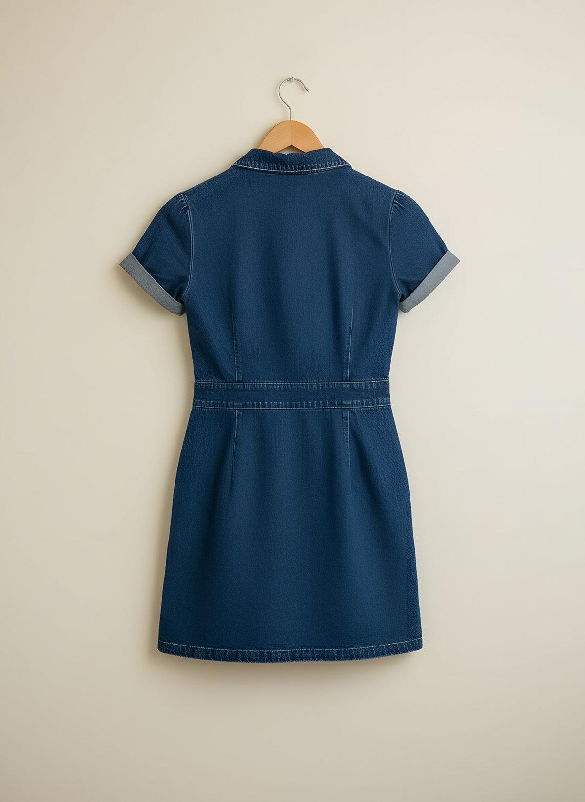 Women's Denim Mini Dress, back view on a hanger, Molly's Atelier