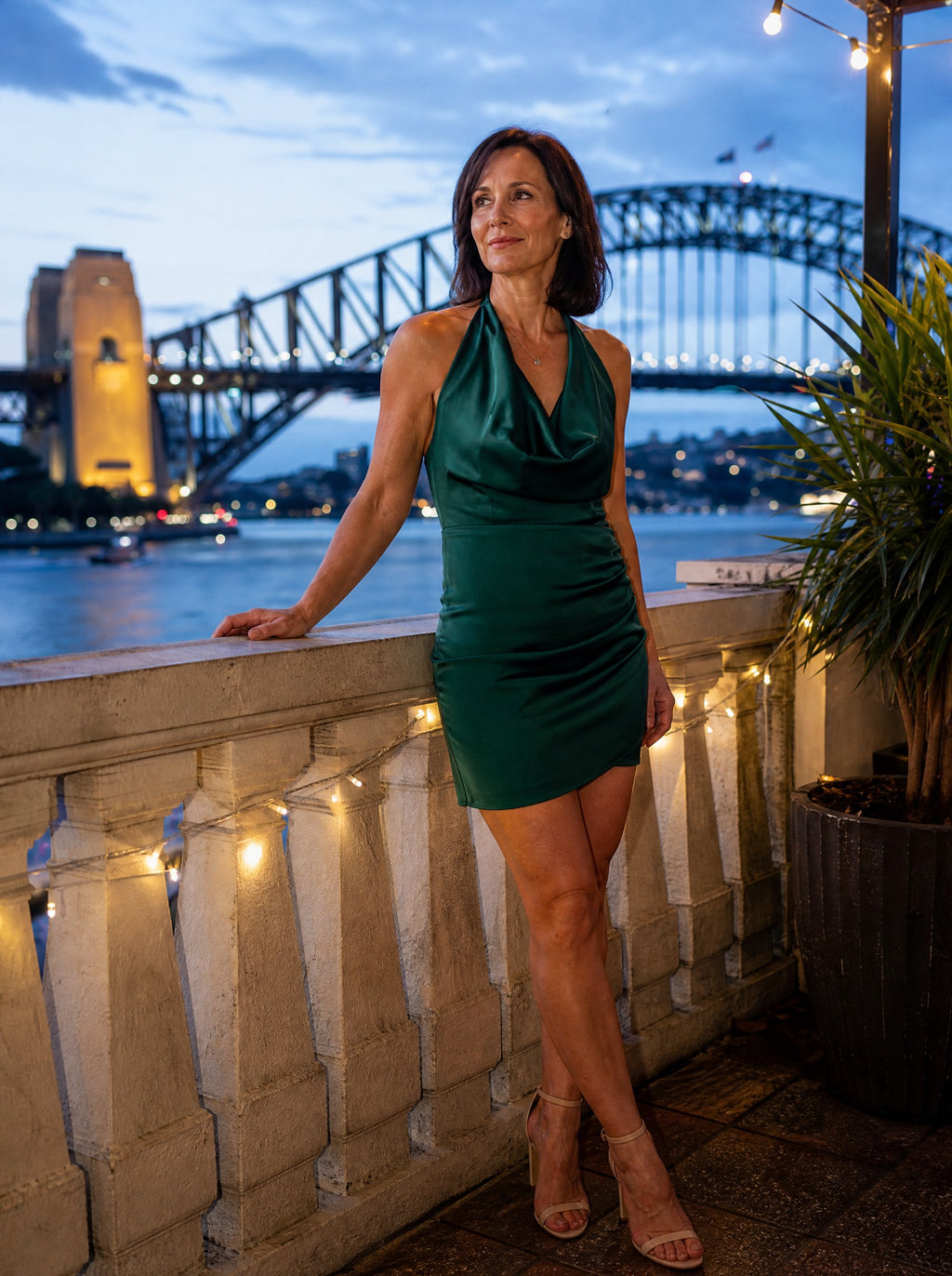 Women's Halterneck Party Dress, on a Sydney rooftop at blue hour, Molly's Atelier
