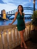 Women's Halterneck Party Dress, on a Sydney rooftop at blue hour, Molly's Atelier