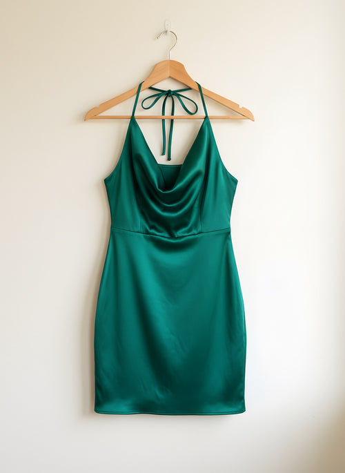 Women's Halterneck Party Dress, front view on a hanger, Molly's Atelier
