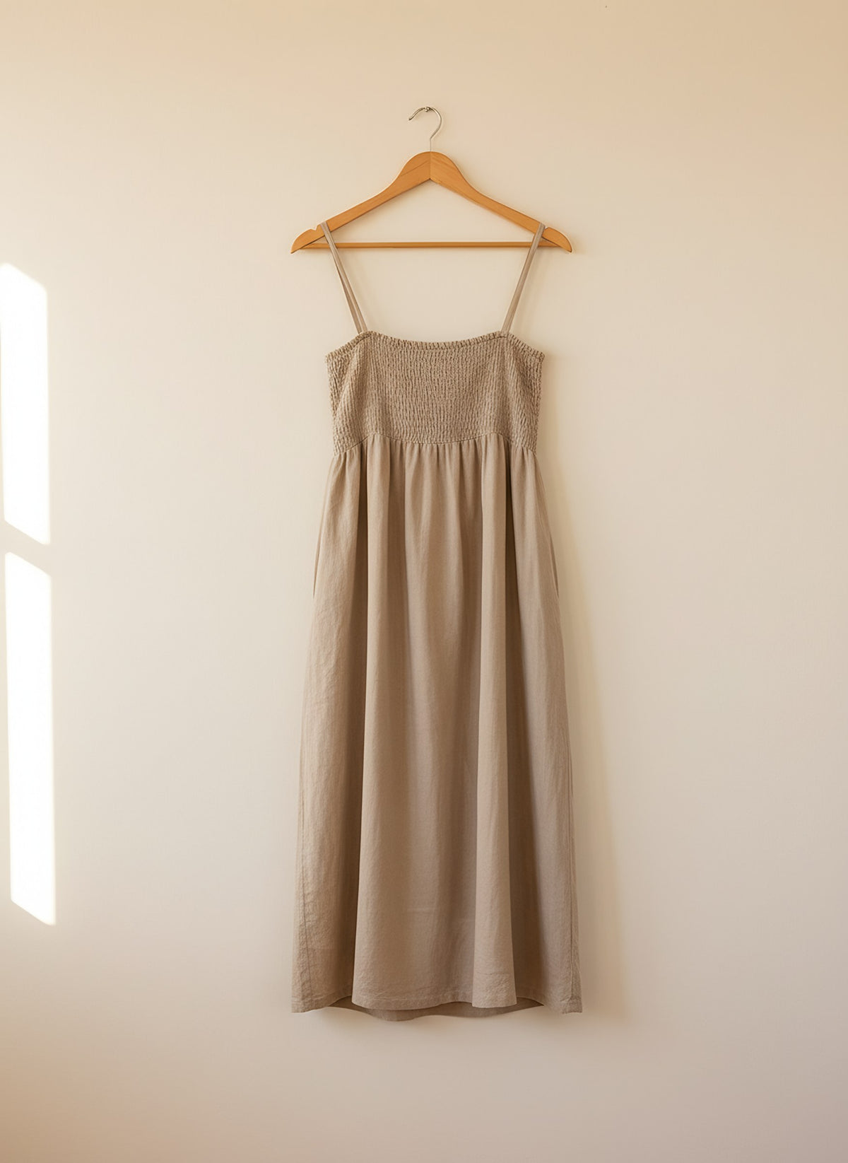 Women's Linen Midi Dress, front view on a hanger, Molly's Atelier