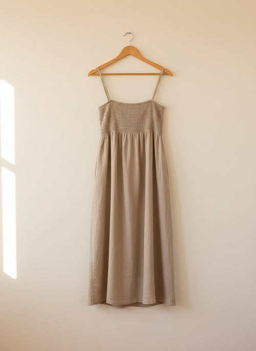 Women's Linen Midi Dress, front view on a hanger, Molly's Atelier